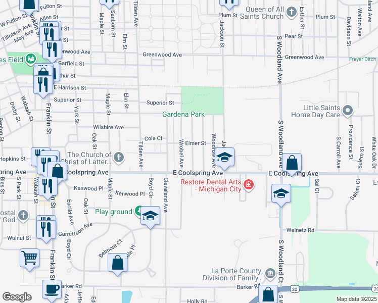 map of restaurants, bars, coffee shops, grocery stores, and more near 3037 Wrobel Avenue in Michigan City