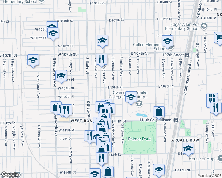 map of restaurants, bars, coffee shops, grocery stores, and more near 10926 South Edbrooke Avenue in Chicago