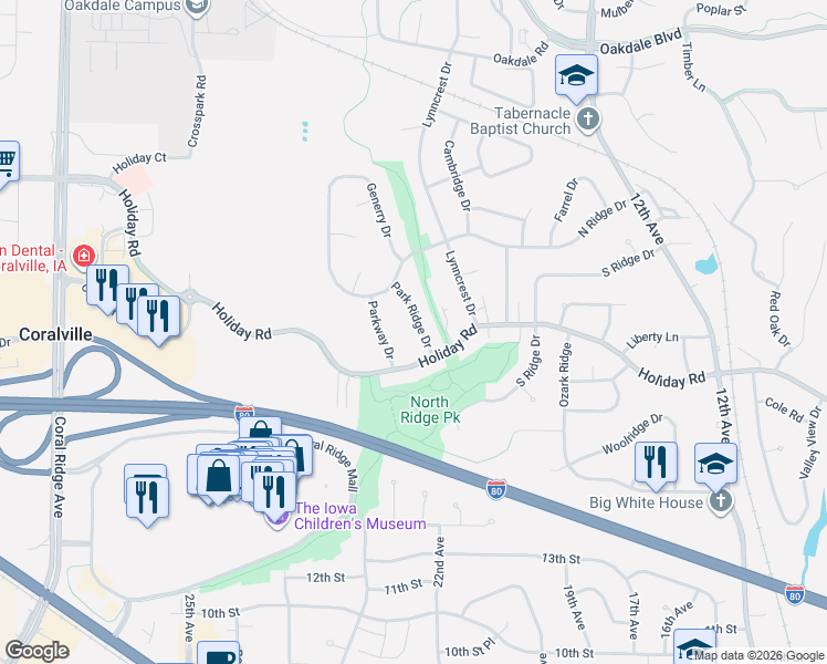map of restaurants, bars, coffee shops, grocery stores, and more near 1700 Park Ridge Drive in Coralville