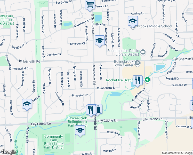 map of restaurants, bars, coffee shops, grocery stores, and more near 136 South Schmidt Road in Bolingbrook