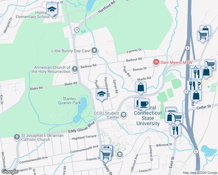 map of restaurants, bars, coffee shops, grocery stores, and more near 63 Hazelmere Road in New Britain