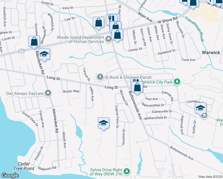 map of restaurants, bars, coffee shops, grocery stores, and more near 64 Long Street in Warwick