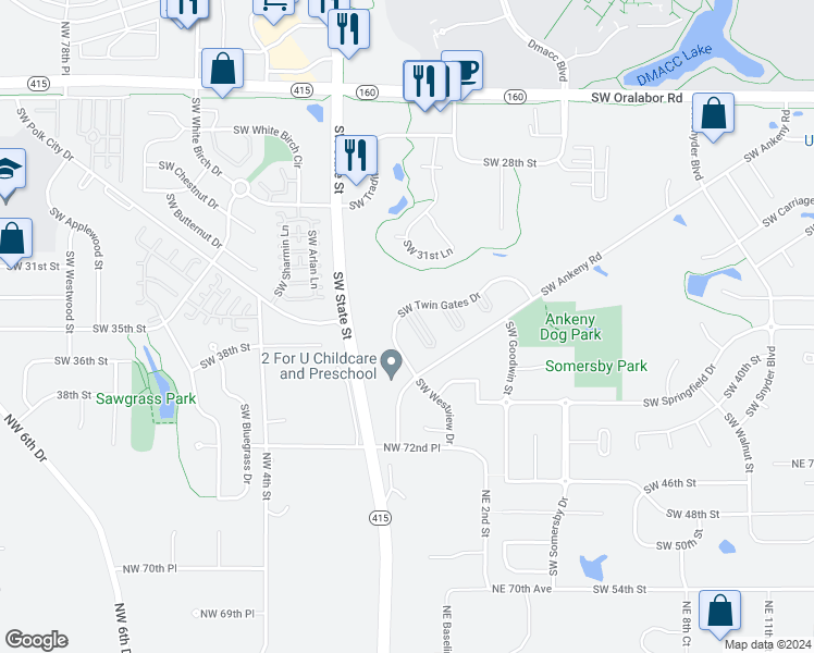 map of restaurants, bars, coffee shops, grocery stores, and more near 3208 Southwest Olde Ivy Circle in Ankeny
