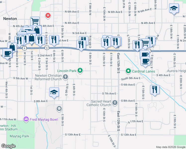 map of restaurants, bars, coffee shops, grocery stores, and more near 739 South 5th Avenue East in Newton