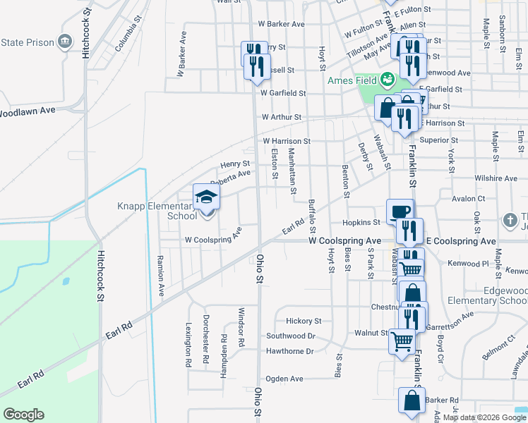 map of restaurants, bars, coffee shops, grocery stores, and more near 2525 Elston Street in Michigan City