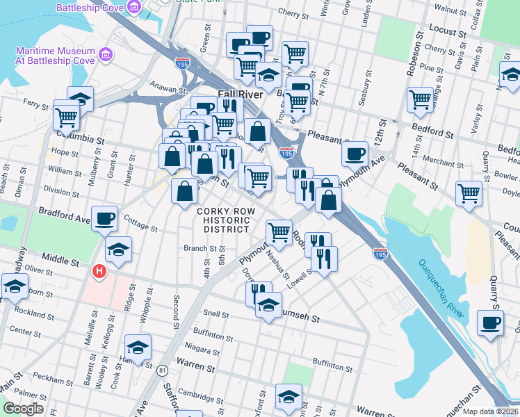 map of restaurants, bars, coffee shops, grocery stores, and more near 321 Wade Street in Fall River