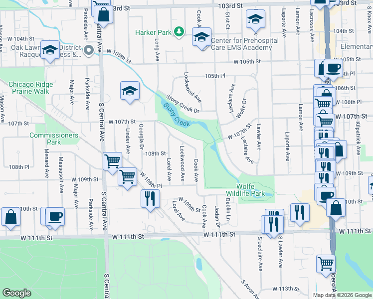 map of restaurants, bars, coffee shops, grocery stores, and more near 10745 Lockwood Avenue in Oak Lawn