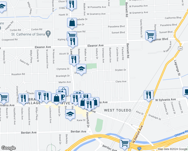 map of restaurants, bars, coffee shops, grocery stores, and more near 4232 Fairview Drive in Toledo