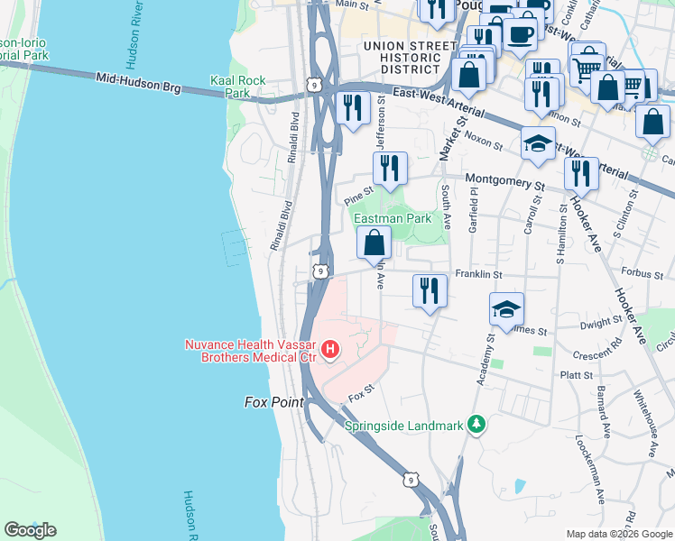 map of restaurants, bars, coffee shops, grocery stores, and more near 1 Columbia Street in Poughkeepsie