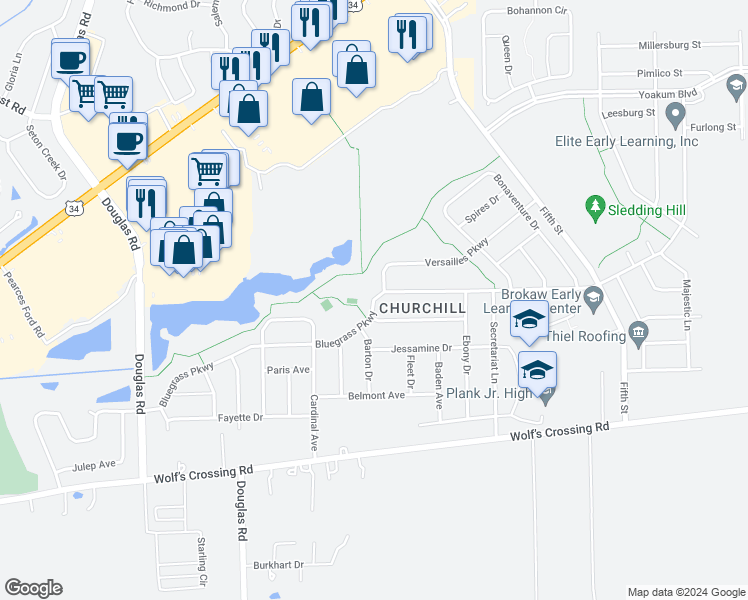 map of restaurants, bars, coffee shops, grocery stores, and more near 284 Bluegrass Parkway in Oswego