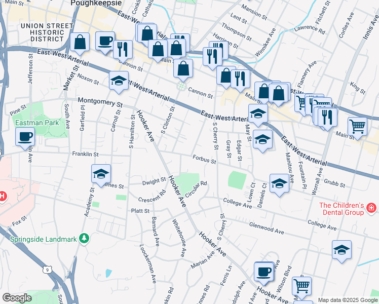 map of restaurants, bars, coffee shops, grocery stores, and more near 20 Forbus Street in Poughkeepsie