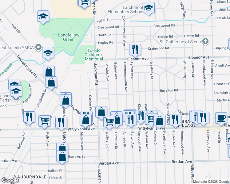 map of restaurants, bars, coffee shops, grocery stores, and more near 4202 Berwick Avenue in Toledo