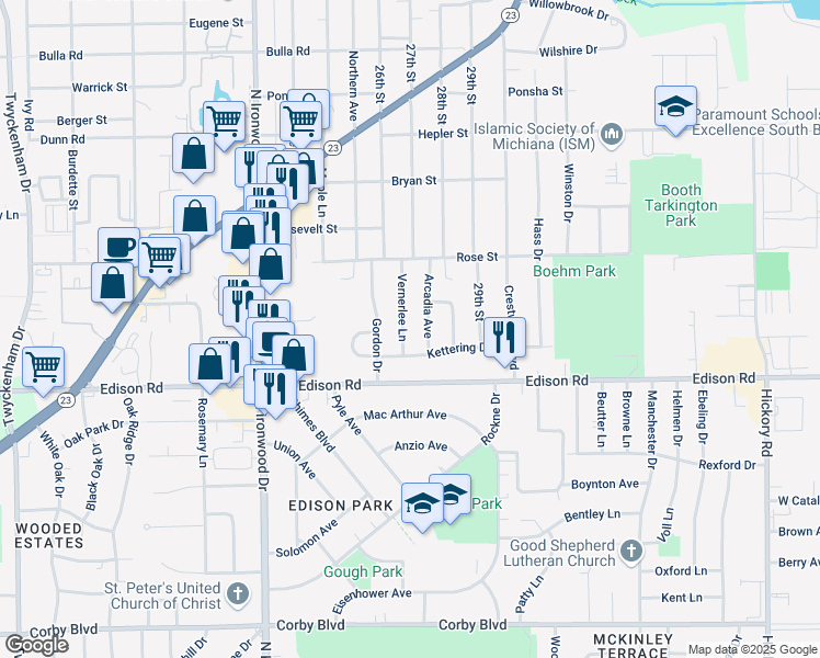 map of restaurants, bars, coffee shops, grocery stores, and more near 1633 Vernerlee Lane in South Bend
