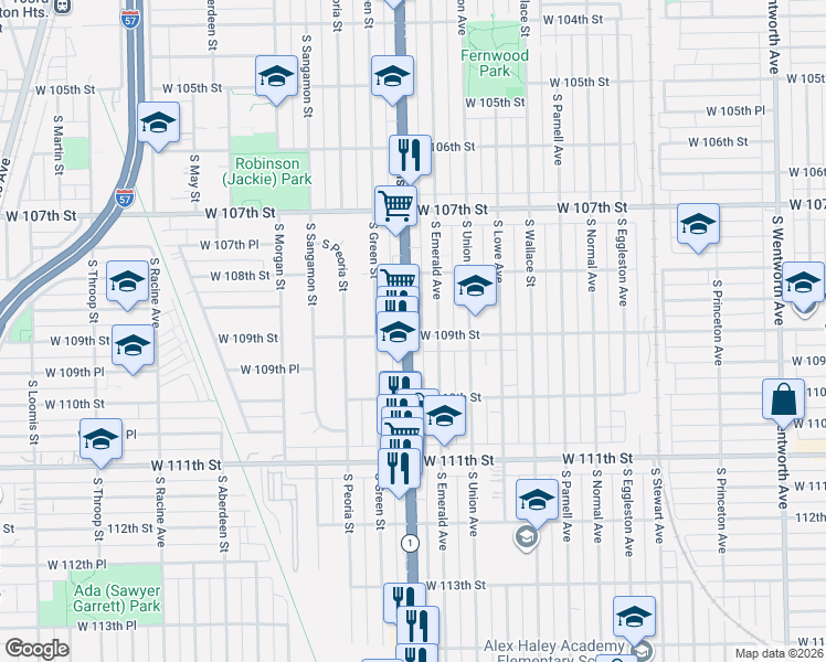 map of restaurants, bars, coffee shops, grocery stores, and more near 10857 South Halsted Street in Chicago