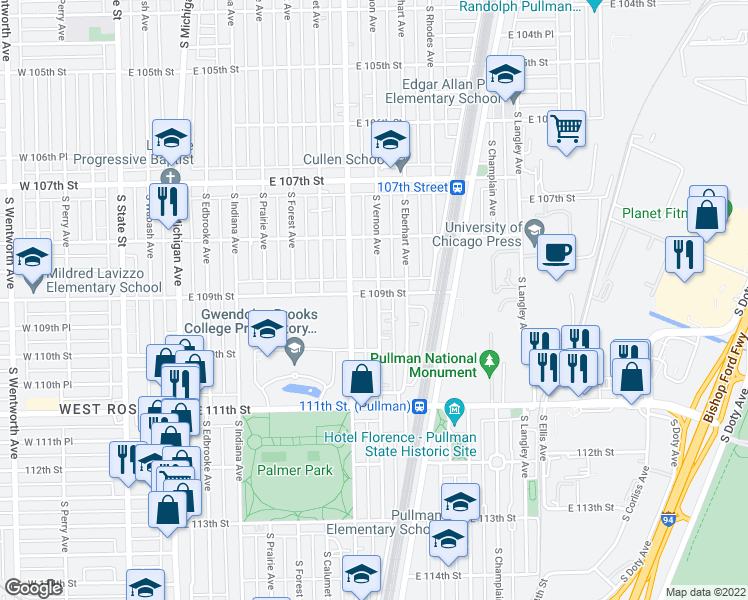 map of restaurants, bars, coffee shops, grocery stores, and more near 10900 South Vernon Avenue in Chicago