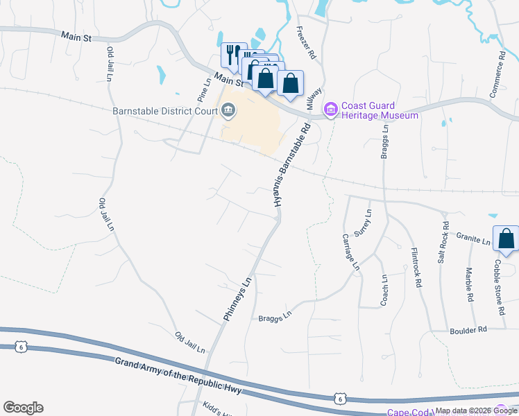 map of restaurants, bars, coffee shops, grocery stores, and more near 37 Maushop Avenue in Barnstable