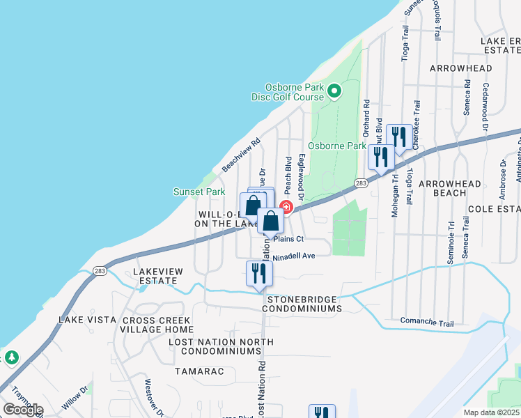 map of restaurants, bars, coffee shops, grocery stores, and more near 1028 Bellevue Drive in Willoughby