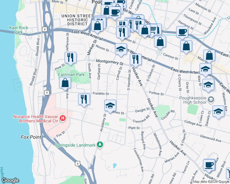 map of restaurants, bars, coffee shops, grocery stores, and more near 60 Carroll Street in Poughkeepsie