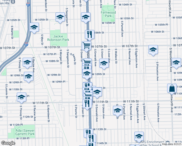 map of restaurants, bars, coffee shops, grocery stores, and more near 10919 South Halsted Street in Chicago