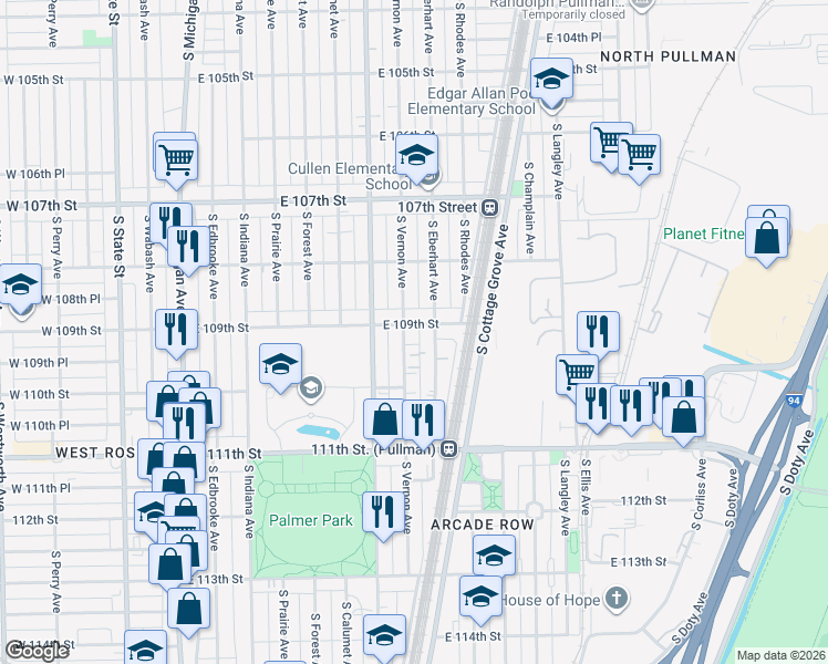 map of restaurants, bars, coffee shops, grocery stores, and more near 10931 South Vernon Avenue in Chicago