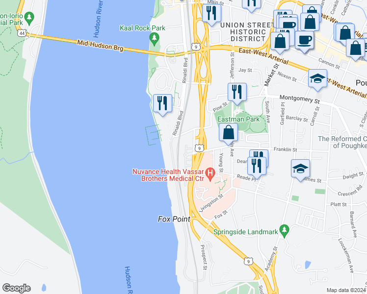 map of restaurants, bars, coffee shops, grocery stores, and more near 209 Riverview Drive in Poughkeepsie