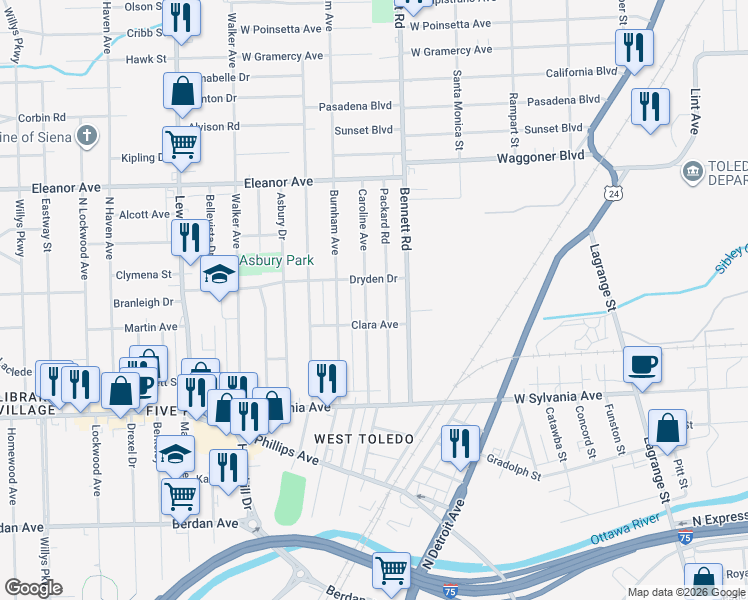 map of restaurants, bars, coffee shops, grocery stores, and more near 4204 Caroline Avenue in Toledo