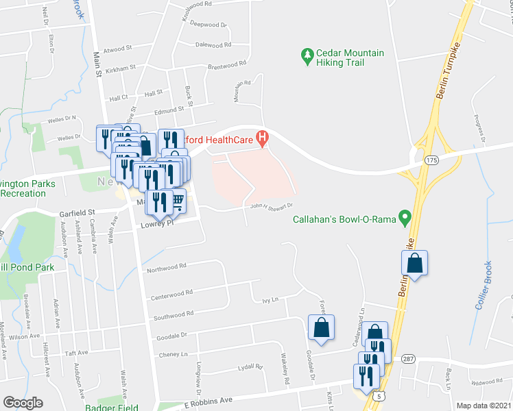 map of restaurants, bars, coffee shops, grocery stores, and more near 71 John H Stewart Dr in Newington