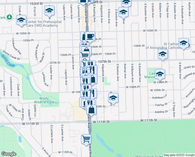 map of restaurants, bars, coffee shops, grocery stores, and more near 10801 Keating Avenue in Oak Lawn
