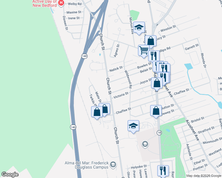 map of restaurants, bars, coffee shops, grocery stores, and more near 29 Schooner Court in New Bedford
