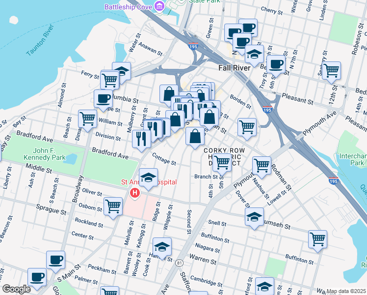 map of restaurants, bars, coffee shops, grocery stores, and more near 109 Whipple Street in Fall River
