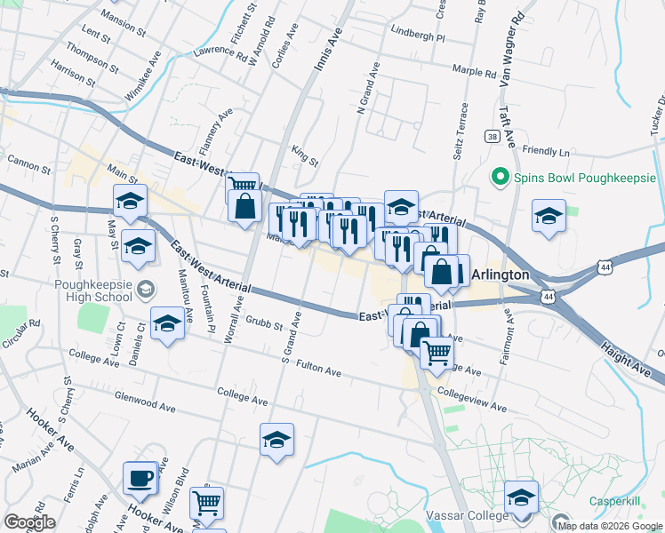 map of restaurants, bars, coffee shops, grocery stores, and more near 21 Streit Avenue in Arlington