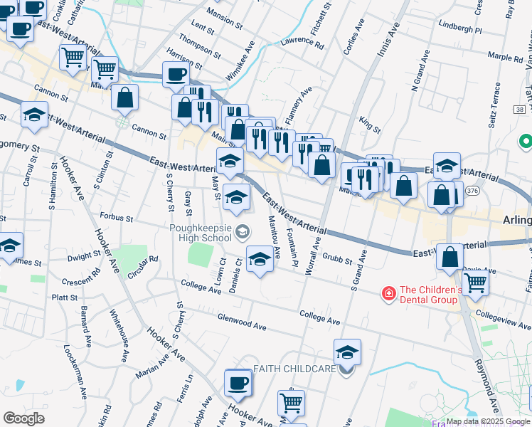 map of restaurants, bars, coffee shops, grocery stores, and more near 42 Manitou Avenue in Poughkeepsie
