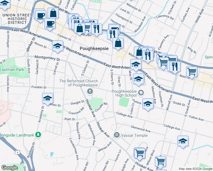 map of restaurants, bars, coffee shops, grocery stores, and more near 37 Forbus Street in Poughkeepsie