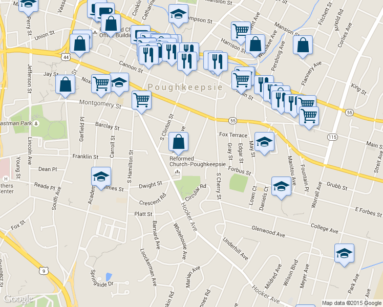 map of restaurants, bars, coffee shops, grocery stores, and more near 23 Forbus Street in Poughkeepsie