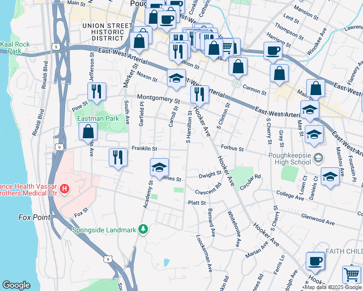 map of restaurants, bars, coffee shops, grocery stores, and more near 101 South Hamilton Street in Poughkeepsie