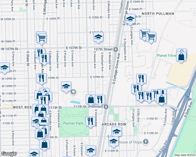map of restaurants, bars, coffee shops, grocery stores, and more near 10931 South Vernon Avenue in Chicago
