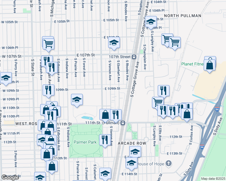 map of restaurants, bars, coffee shops, grocery stores, and more near 10931 South Vernon Avenue in Chicago