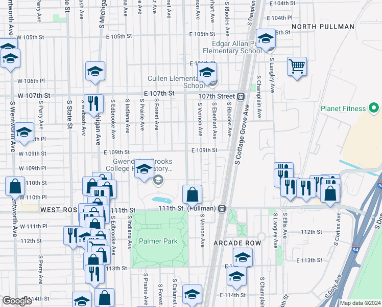 map of restaurants, bars, coffee shops, grocery stores, and more near 10929 South King Drive in Chicago