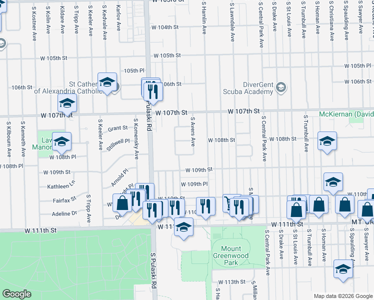 map of restaurants, bars, coffee shops, grocery stores, and more near 3833 West 108th Place in Chicago