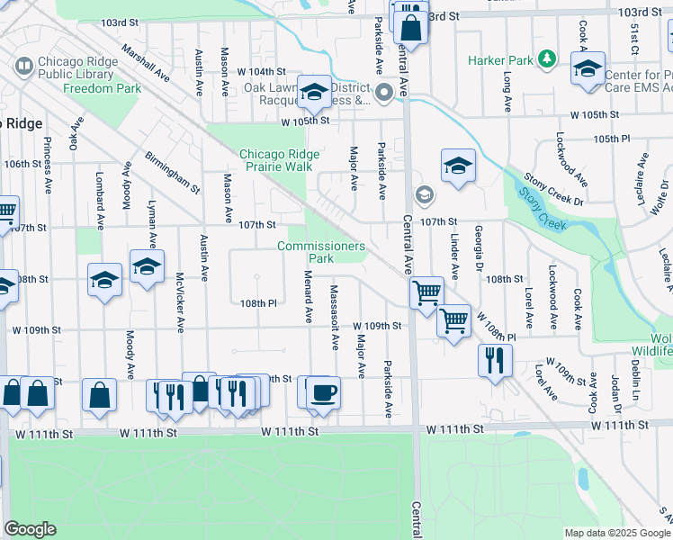 map of restaurants, bars, coffee shops, grocery stores, and more near 10806 Massasoit Avenue in Chicago Ridge
