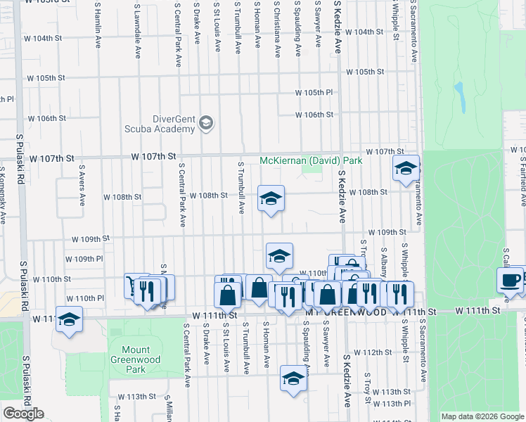 map of restaurants, bars, coffee shops, grocery stores, and more near 10850 South Homan Avenue in Chicago