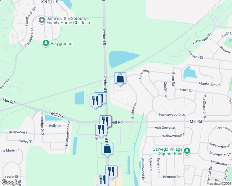 map of restaurants, bars, coffee shops, grocery stores, and more near 514 White Owl Lane in Oswego