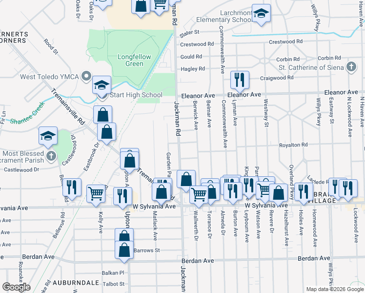 map of restaurants, bars, coffee shops, grocery stores, and more near 1666 Burgoyne Drive in Toledo