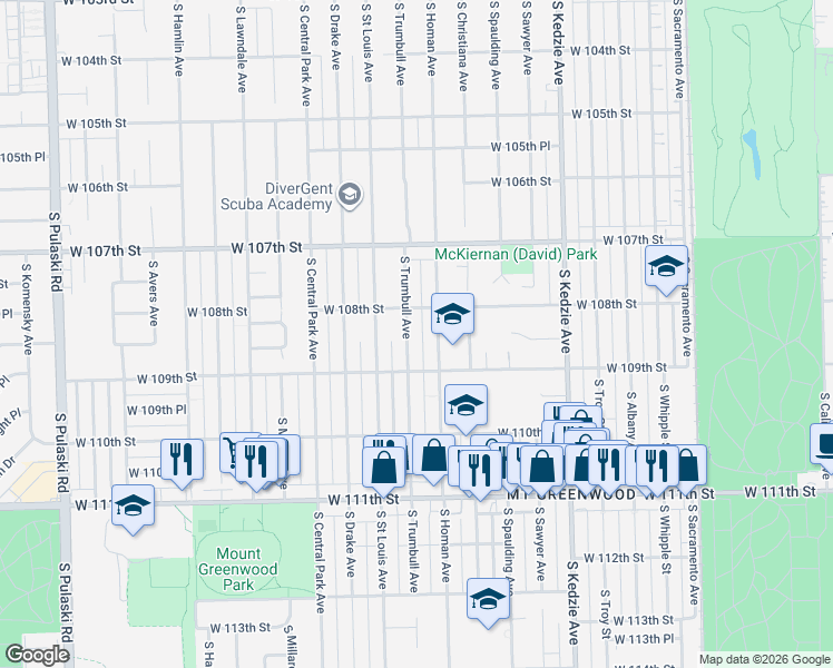map of restaurants, bars, coffee shops, grocery stores, and more near 10850 South Homan Avenue in Chicago