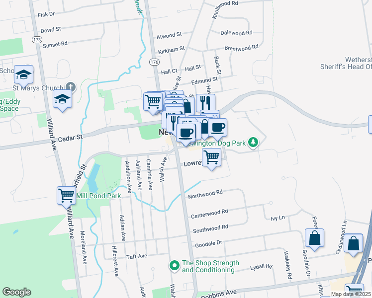 map of restaurants, bars, coffee shops, grocery stores, and more near 1170 Main Street in Newington