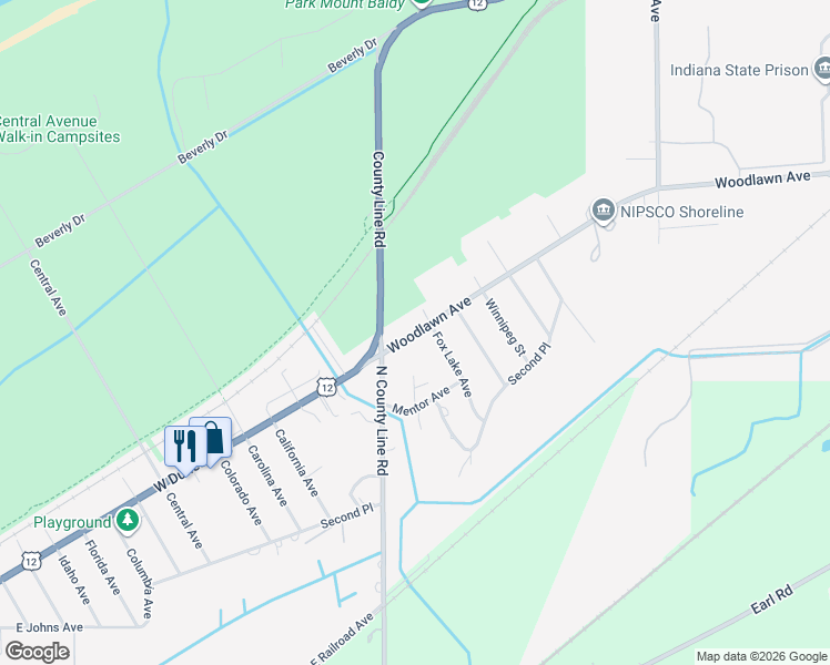 map of restaurants, bars, coffee shops, grocery stores, and more near 1115 Woodlawn Avenue in Michigan City