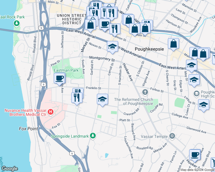 map of restaurants, bars, coffee shops, grocery stores, and more near 60 Carroll Street in Poughkeepsie