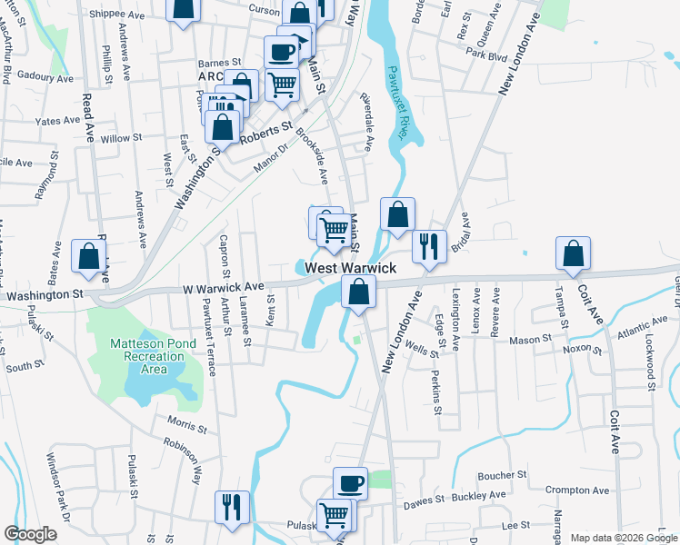 map of restaurants, bars, coffee shops, grocery stores, and more near 103 Legris Avenue in West Warwick