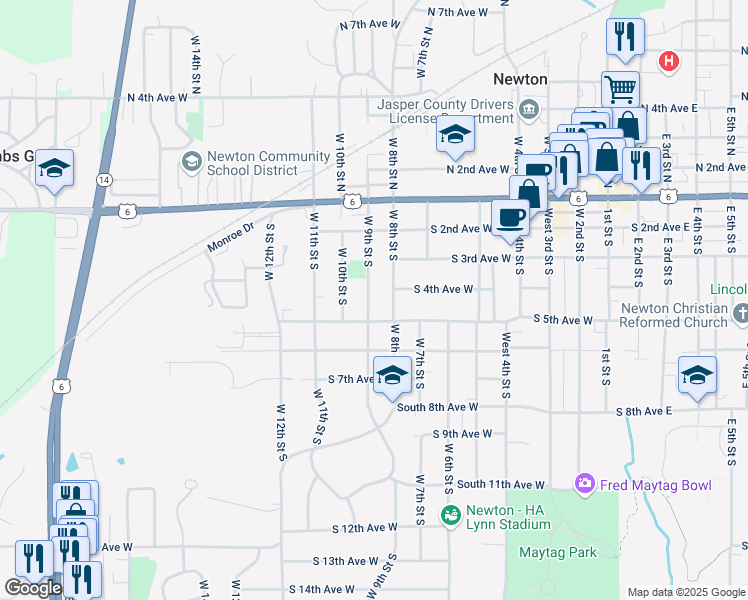 map of restaurants, bars, coffee shops, grocery stores, and more near 801 South 5th Avenue West in Newton