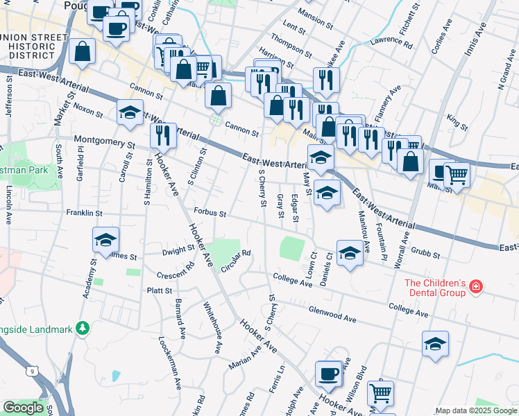 map of restaurants, bars, coffee shops, grocery stores, and more near 101 South Cherry Street in Poughkeepsie